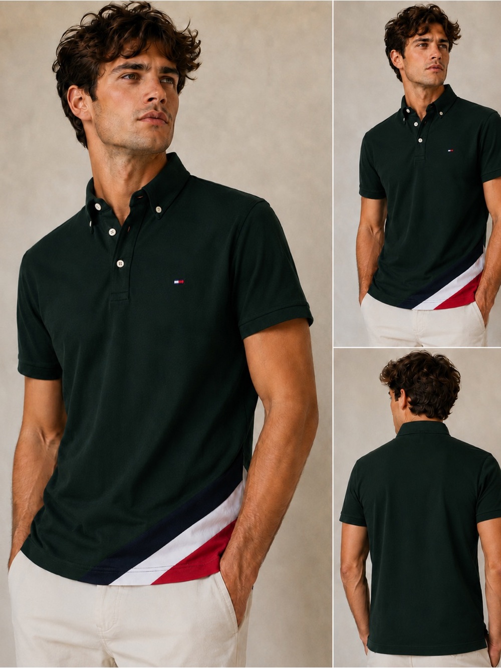 Tommy Hilfiger Dark Green Polo with Tri-Color Diagonal Hem- NWOT ! Excellent